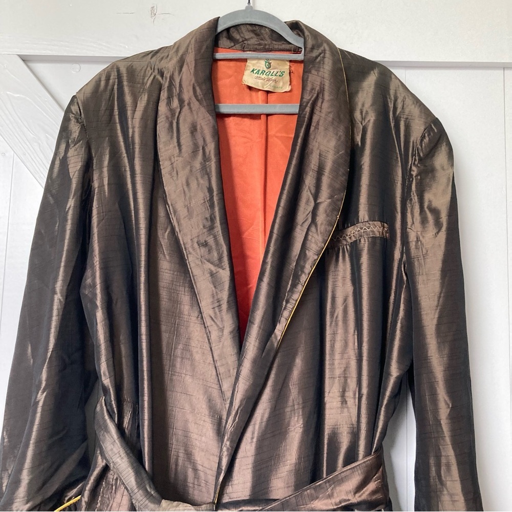 Vintage 1940s men’s dressing smoking gown robe rayon atomic belt old Hollywood - Picture 3 of 16